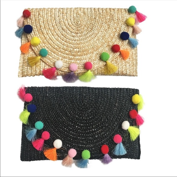 *SALE* Fabulous Black  Straw Pom Pom Clutch - Picture 2 of 2